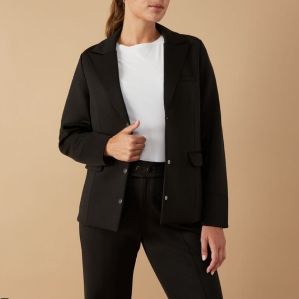Aday Soft Power Blazer Jacket Scuba Knit Notched Lapel Snap Front Black Size XS - Picture 2 of 14